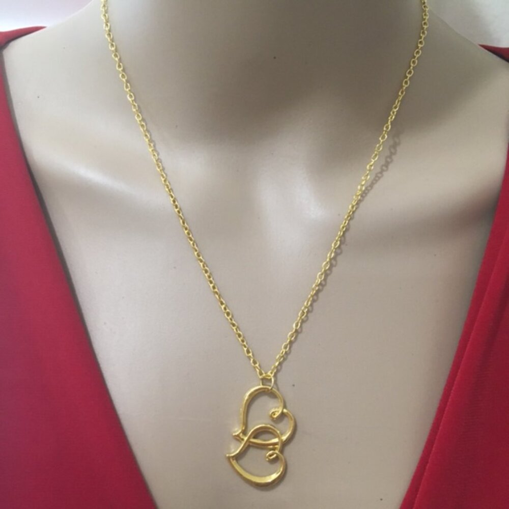 Double Heart Pendant Necklace, Gold Tone or Rose Gold Tone